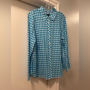 Talbots Woman Blouse Turquoise & White Gingham Cotton Button Down XL